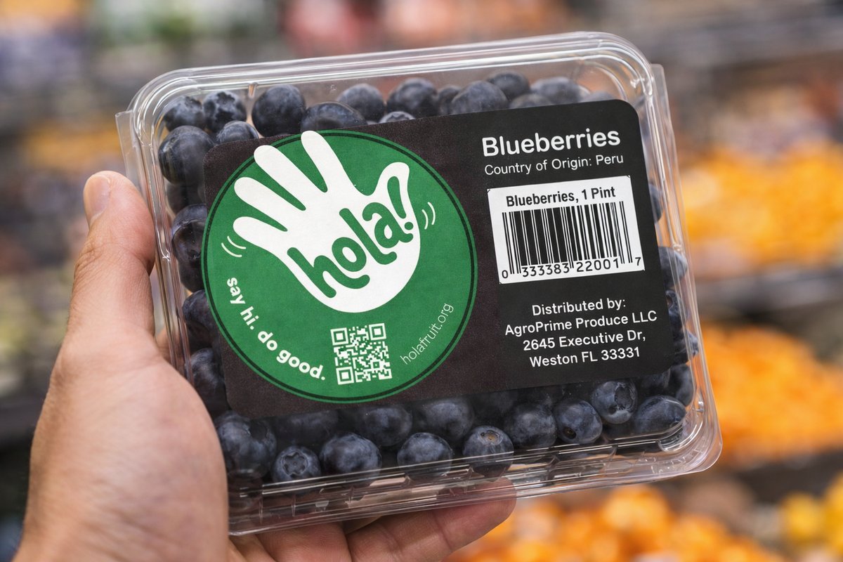 Blueberries with a hola! sticker